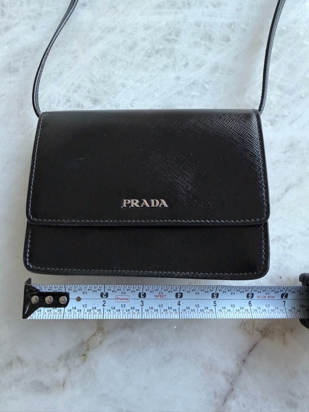 PRADA  Black Saffiano & Red Interior Leather Metal Crossbody Shoulder Bag Clutch - Picture 11 of 15